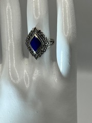 Vintage 925 Sterling Silver Filigree Ring With Blue Stone Size 5.5 Elegant State