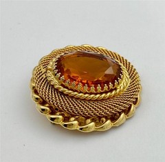 Vintage 1980’s Large Citrine Glass Stone Gold Tone Layered Mesh Metal Brooch Pin