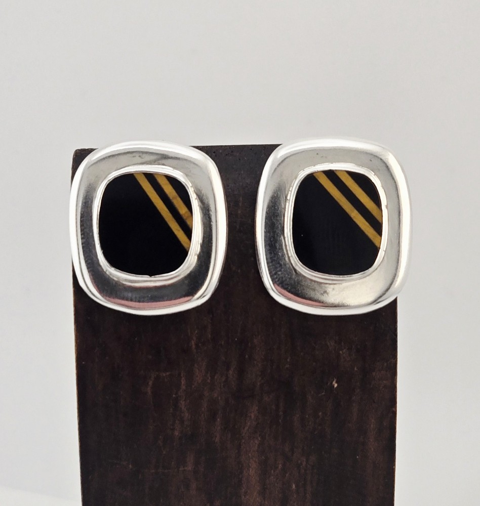 VTG Taxco Sterling Silver Black Gold Tigers Eye Inlay Post Earrings 15g Mexico