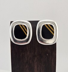 VTG Taxco Sterling Silver Black Gold Tigers Eye Inlay Post Earrings 15g Mexico