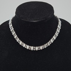 Vintage Weiss Rhinestone Emerald Cut Line Necklace Clear Silver Toned Choker