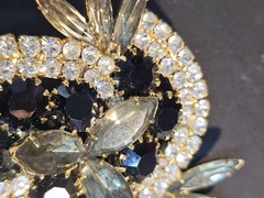 Vintage Rhinestone Brooch Prong Set Gray Black Clear Gold tone Stunning Sparkle