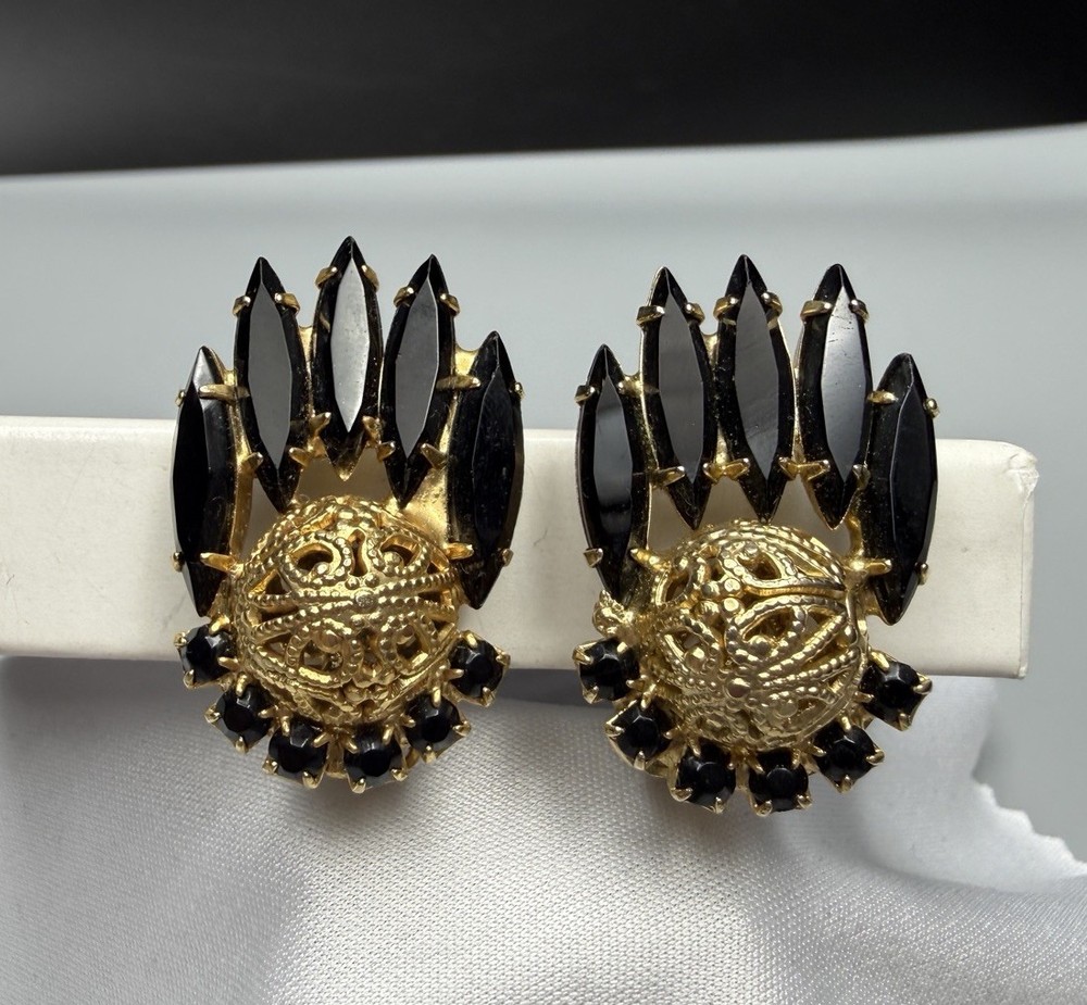 Juliana D&E Clip On Earrings Black Gold Filigree Navette VTG Book Piece Ref 5747