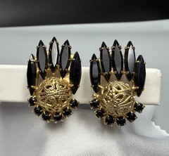 Juliana D&E Clip On Earrings Black Gold Filigree Navette VTG Book Piece Ref 5747