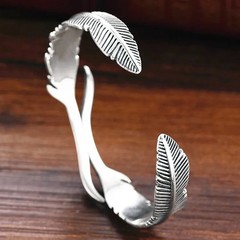 Retro Sterling Silver Feather Cuff Bangle Vintage Bracelet Leaf Women Gift xmas