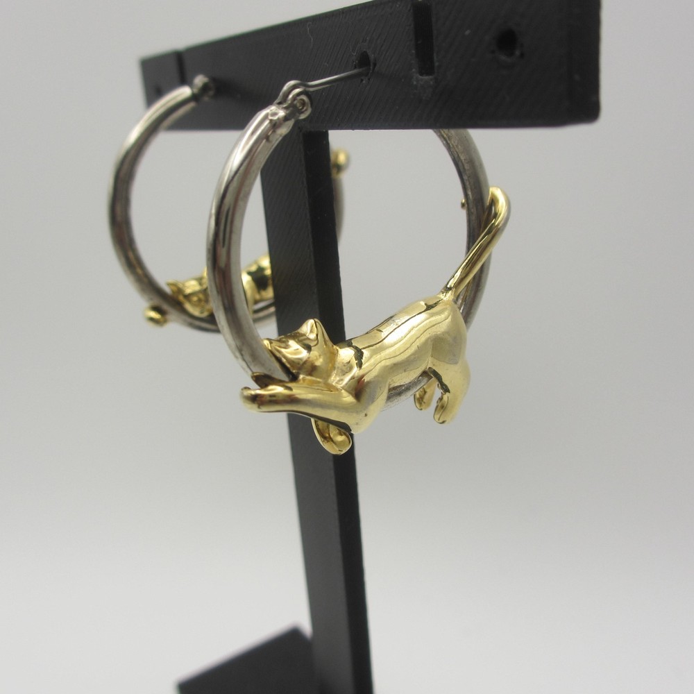 Vintage Figural Earrings Gold Tone Cat Silver Tone Hoop For Pierced Ears