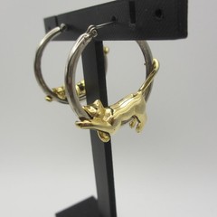 Vintage Figural Earrings Gold Tone Cat Silver Tone Hoop For Pierced Ears