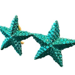 Vintage Richard Kerr Aqua Blue Starfish Clip Earrings Rhinestone 80s Statement