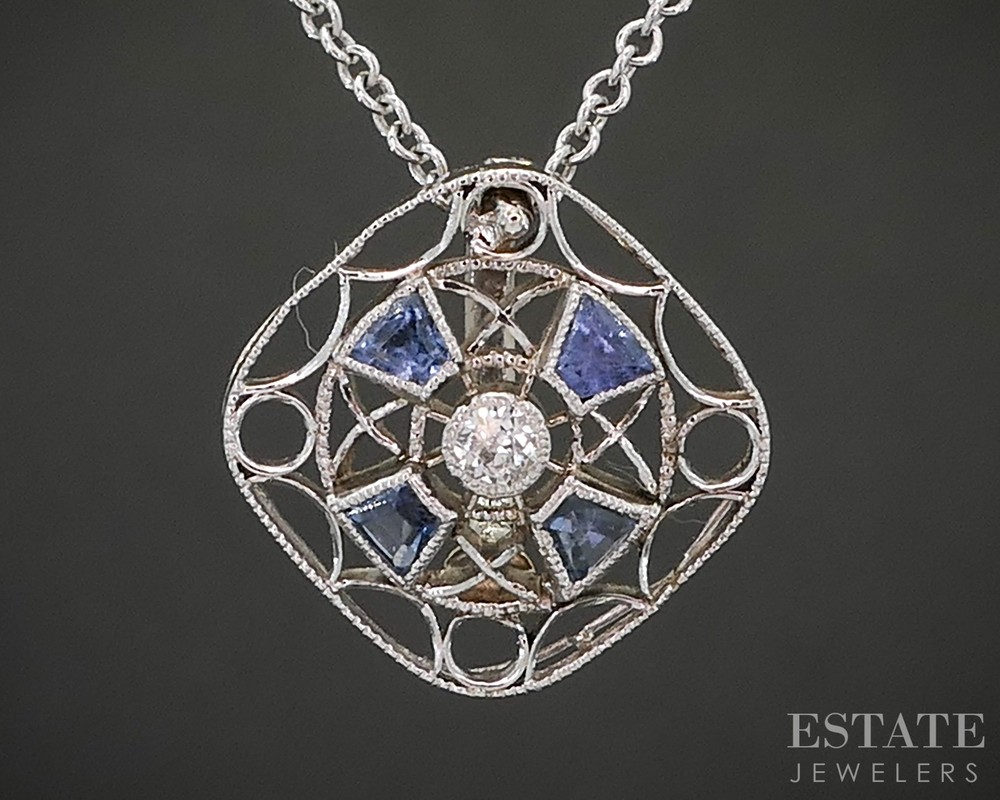 Antique Art Deco Platinum & 14k Diamond & Blue Sapphire Necklace 2.4g p15472