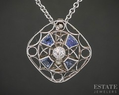 Antique Art Deco Platinum & 14k Diamond & Blue Sapphire Necklace 2.4g p15472