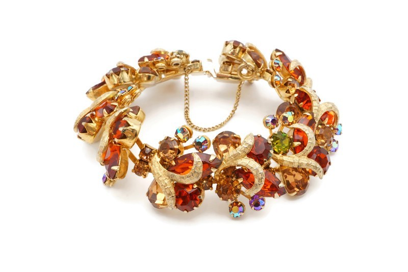 Vintage Weiss Bracelet Gold Tone Orange Rhinestone 7″