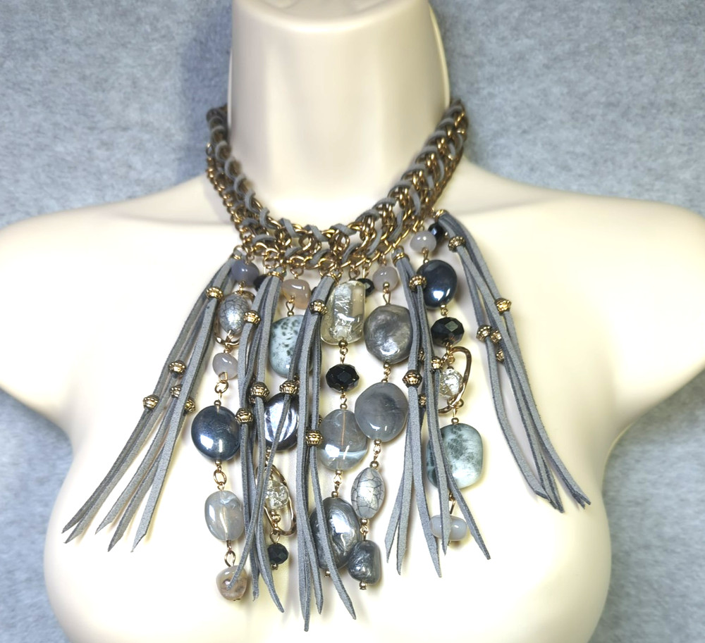 Vtg Erica Lyons Choker Necklace Thick Gold Chain Lg Leather Stone Drops Festival