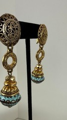 Vintage Gold Tone Clip On Earrings Turquoise Bead Ethnic Boho Dangle