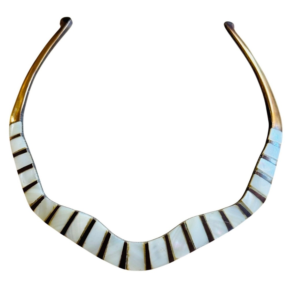 Regal Choker Brass MOP Necklace VTG mother of Pearl Statement 70s MCM Retro