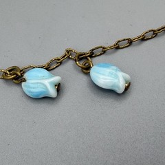 Blue Tulip Beaded Necklace Gold Tone Chain Dainty Charm Vintage 14”