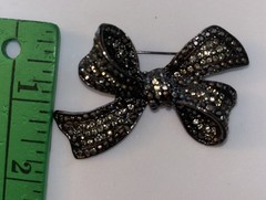 Rhinestone Bow Brooch Pin Black Tone Sparkly Vintage Style 2.5 Inch Free Ship