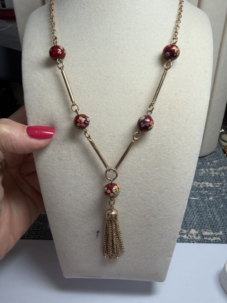 Vintage Sarah Coventry 1974 “Venetian Treasure” Gold Y Style with Red Glass Bead