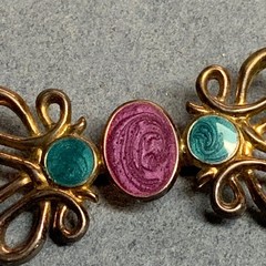 Victorian Brooch Pin 3.5 In Purple Teal Enamel Gold Swirls Detail Retro Vintage