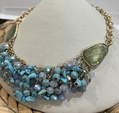 Vintage Turquoise Chip & Glass Statement Necklace Boho Cowgirl 14in ~ 17in