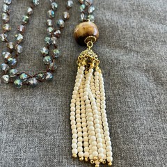 Art Deco Style Aroura Crystal Rhinestone 36” Long Necklace With Beaded Tassel