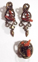 Antique Victorian Lot GF Pierced Branch Coral Dangle Drop Earrings & Shirt Stud