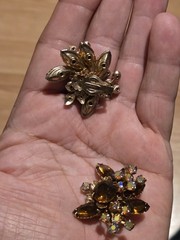 Vintage earrings. Aurora Borealis/ Amber rhinestone. Clip. Antique collectible