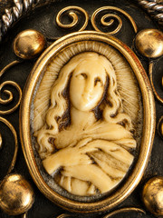 Antique Gold Silver Religious Pendant Virgin Mary Malachite Large Rare