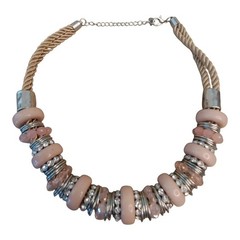Vintage Gold Rope Peach Bead Statement Necklace Rhinestone Chunky Jewelry Gift