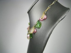 Vintage Gold Tone Fruit Salad Charm Necklace Plastic Charms 15in Boho Heart Leaf