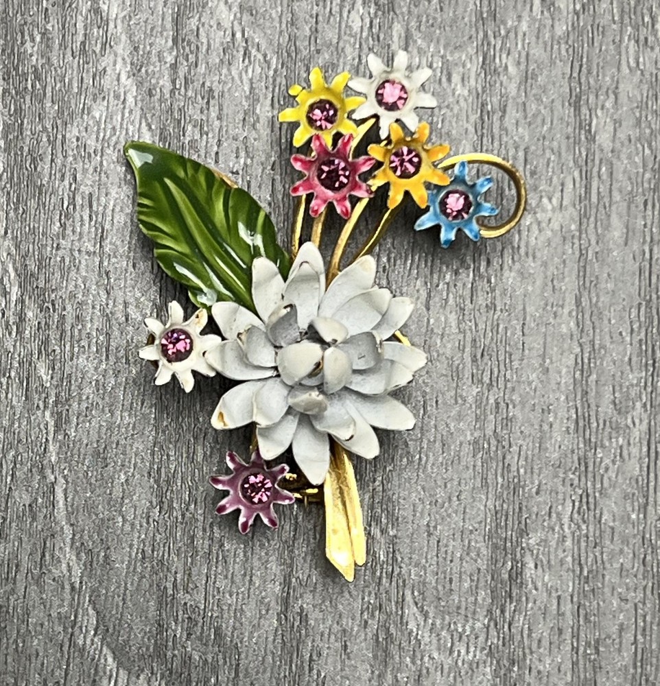 Vintage Enamel Flower Bouquet Brooch Pin White Green Pink Yellow Blue