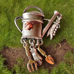 Gardening Charm Brooch Silver Tone Vintage Gardener Tools Watering Can Pin