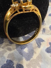 Vintage Signed Seta Gold Tone Black Glass Cabochon CZ Cubic Zirconia Ring SZ 10
