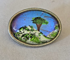 Art Deco Blue Butterfly Wing Brooch Hand Painted Tree Blue Morpho Silver Tone