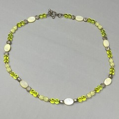 Dainty Glass Station Necklace Lime Green Druk Bead MOP Frosted Acrylic Faceted