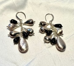 Vintage 925 Italy Dangling Pear Shaped Sterling Silver & Black Onyx Earrings