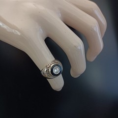 Chunky Silver Signet Ring Black Enamel Crystal Vintage Statement Domed Men Women