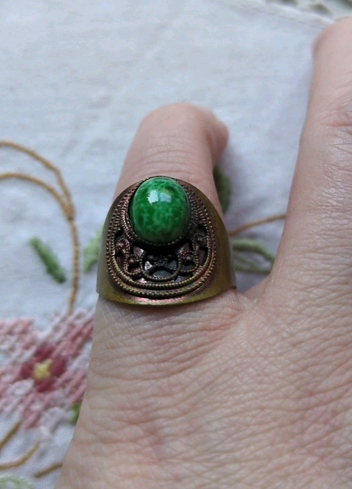 Vintage Made In West Germany Faux Jade Brass Ring Adjustable Size 5