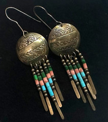 Southwestern Dangle Earrings Turquoise Coral Bead Fringe Vtg Sterling Silver #7