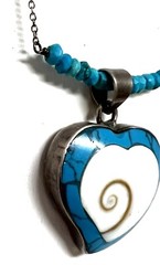 Vtg Turquoise Inlay Shell Necklace Heart Shiva Eye 925 Sterling Unique Ex Cond