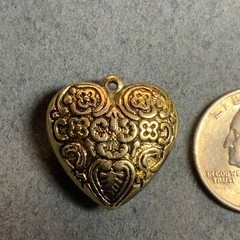 Floral Puffy Heart Pendant Antiqued Gold Scroll Valentine Love Retro BoHo