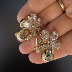 Nolan Miller Earrings Bow Ribbon Gold Tone CLIP ON Rhinestone Cocktail Bling