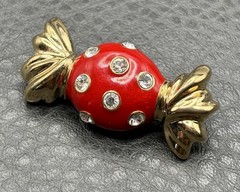 Vintage St. John 80s Red Enamel Rhinestone Candy Brooch Gold Tone Couture