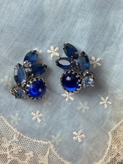 Vintage Juliana Delizza Elster Blue Rhinestone Clip On Earrings Puddled Solder