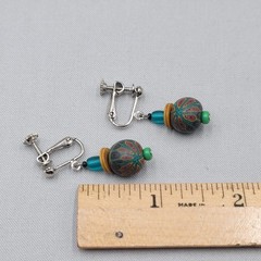Polymer Clay Bead Multicolor Clip on Earrings Silver tone Dangle 1″
