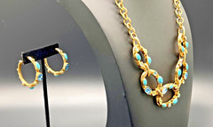 RJ Graziano Vintage Turquoise Blue Topaz Crystal Gold Tone Necklace Hoop Earring