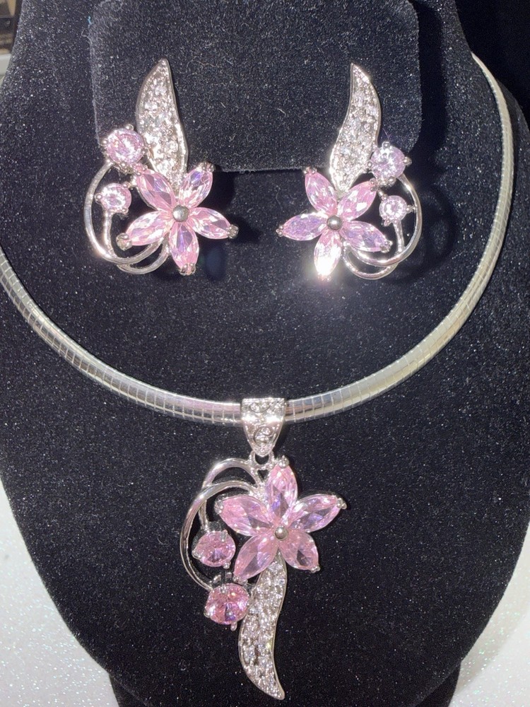 Vintage Silver Tone Choker And Earrings With Pink Rhinestones