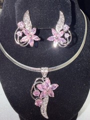 Vintage Silver Tone Choker And Earrings With Pink Rhinestones