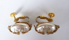 Miriam Haskell Earrings Baroque Faux Pearl Gilded Floral Clip-On Vintage 2400513