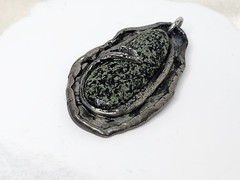 Handmade Nickel Silver Or Pewter Pendant W Polished Black & Green Stone – 2″ L