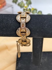 Vintage Toledo Damascene Bracelet Gold Black Silver Inlay W/ Safety Chain